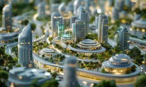 Model of a futuristic smart city with modern architecture, green spaces, and integrated technology, illustrating concepts of efficient design and digital twin creation in smart buildings.