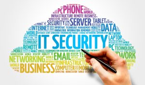 Hand writing on a cloud-shaped word cloud featuring terms related to IT security, including "networking," "data," "business," and "remote."