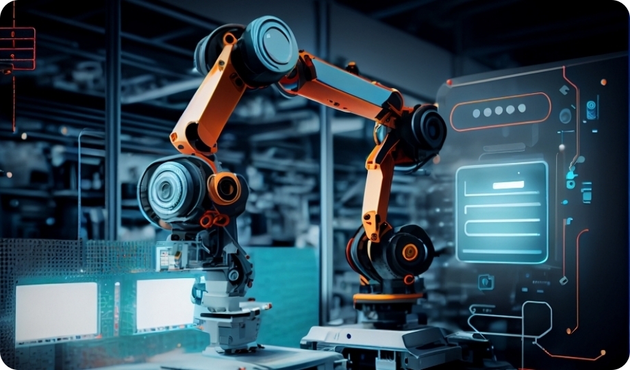 Manager engineer check and control automation robot arms machine in intelligent factory industrial on real time monitoring system software. Welding robotics and digital manufacturing operation. Ai generative