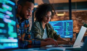 Diverse developers using laptop, discussing lines of dode that appear on big screens