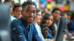 Teacher giving lesson to diverse multiethnic group of students in college room, Teaching new academic skills on a computer.