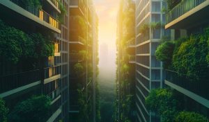 Futuristic green urban landscape featuring modern high rise buildings surrounded by lush vegetation