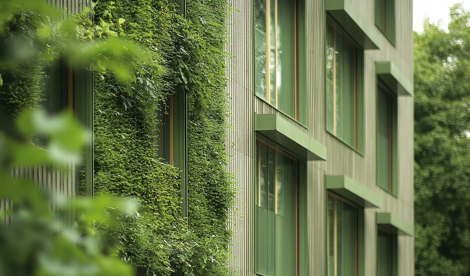 Green architecture with energy-efficient building design, focusing on sustainable features and net-zero emissions to reduce carbon footprint and promote eco-friendly living