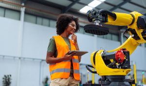 Female industrial engineer wearing safety vest and glasses controlling robotic arm with digital tablet in modern factory