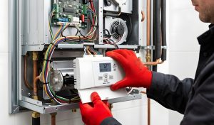 professional hvac technician boiler repair | installing electronic control panel on gas boiler | residential heating system maintenance and wiring | heating engineer servicing domestic central heating