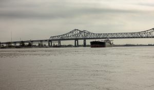 Long bridge over Mississippi river on overcast day