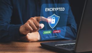 Data encryption online cyber security privacy concept. Padlock icon and internet technology networking. A laptop screen is encrypted to protect data personal on the network. Password protected