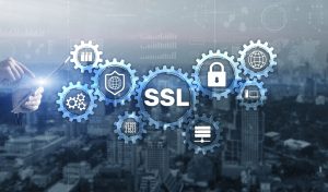 SSL Businessman pressing virtual screen Secure Sockets Layer concept. Cryptographic protocols provide secured communications.