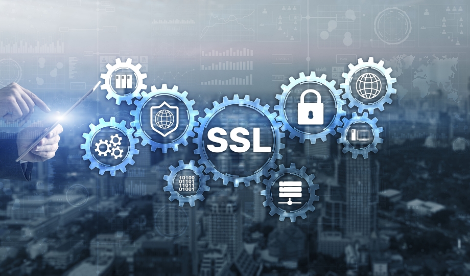 SSL Businessman pressing virtual screen Secure Sockets Layer concept. Cryptographic protocols provide secured communications.