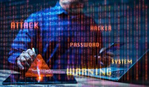 Security concept. Vigilant cyber protection is crucial as a warning against hackers, viruses, and ransomware threats, ensuring security of passwords and defending against cyber attacks on networks