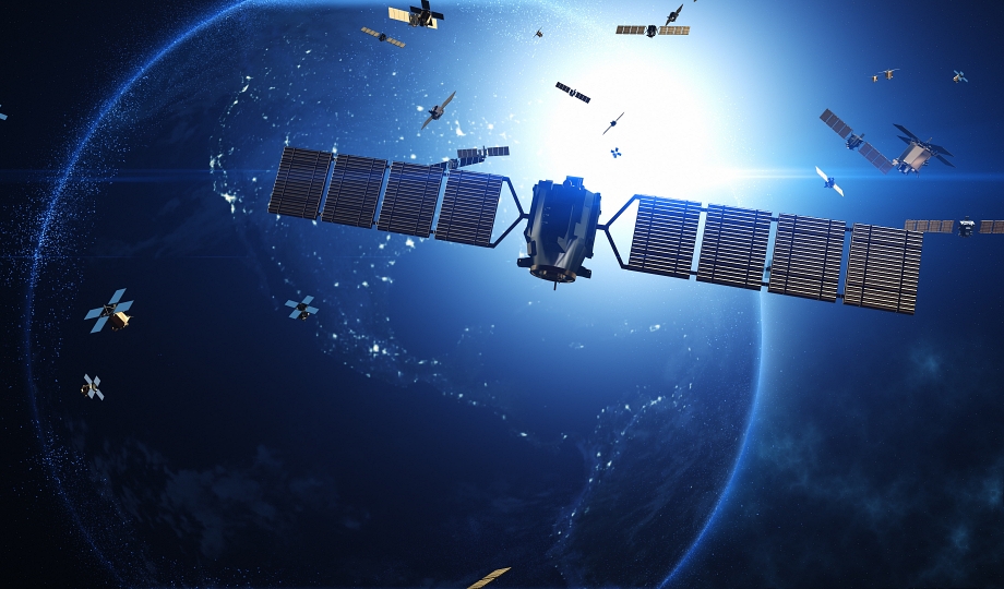 Satellites Orbiting Earth Facilitating Telecommunication and High-Speed Internet. Industry And Technology Related 3D Render.