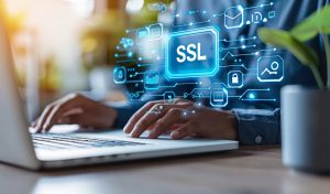 Person Using Laptop with Virtual Interface Displaying SSL (Secure Sockets Layer) and Security Icons for Encrypted Internet Communication and Data Protection