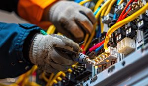 Engineer hand holding AC voltmeter checking electric current voltage at circuit breaker terminal and cable wiring main power distribution board