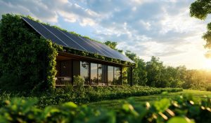 A modern, sustainable home showcasing energy-efficient features like solar panels and a green wall, nestled amongst lush greenery. This design embodies a commitment to eco-friendly living, offering a harmonious blend of nature and technology.