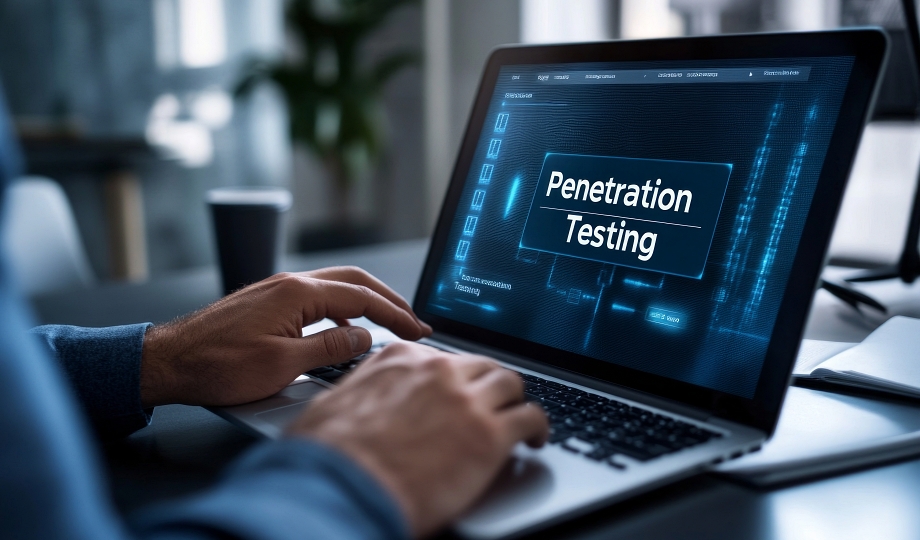 Close-up of a businessman typing on a laptop, promoting penetration testing services on a website, with the "Penetration Testing" banner clearly visible on the screen. The background is a blurred office, focusing on the laptop and his hands.