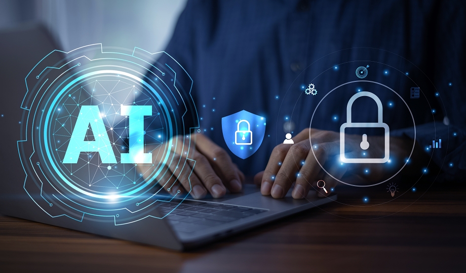 Businessman utilizing AI algorithms to protect privacy and manage data security efficiently. AI technology for data security