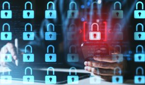 Multiple glowing padlocks overlaying a person using a smartphone, emphasizing cybersecurity and data protection. Vibrant digital background