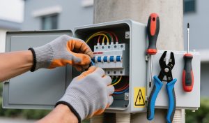 electrician at work, Wires are connected, Expert works carefully, Components being fixed, Maintenance performed, Professional service, Industrial service