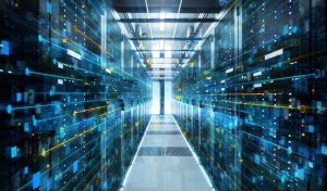 Shot of Corridor in Working Data Center Full of Rack Servers and Supercomputers with Internet connection Visualization Projection.
