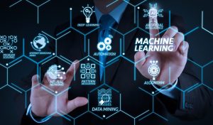 Machine learning technology diagram with artificial intelligence (AI),neural network,automation,data mining in VR screen.businessman hand  working with touch screen in action