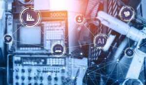 Industry 4.0 technology concept - Smart factory for fourth industrial revolution with icon graphic showing automation system by using robots and automated machinery controlled via internet network .