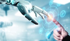 Robot hand ai artificial intelligence assistance for medical healthcare practices operation surgical performance, unity with human and ai concept, with graphical icon display blue banner background