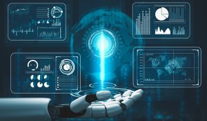 Futuristic robot artificial intelligence revolutionary AI technology development and machine learning concept. Global robotic bionic science research for future of human life. 3D rendering graphic.