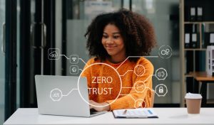 Zero trust security concept Person using computer and tablet with zero trust icon on virtual screen of Data businesses.