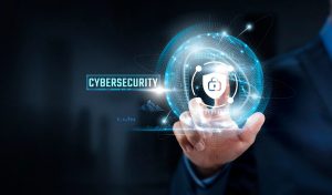 Cybersecurity, Protection: Businessman Touching Cybersecurity Icon and Global Network. Safety, Vigilance.