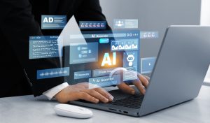 Business Professional Using AI-Powered Software On A Laptop With Virtual Artificial Intelligence Dashboard And Digital Productivity Tools.
