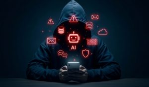 A hooded hacker uses a smartphone with ai icons, symbolizing cybersecurity threats and data breaches in the digital world