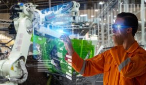 smart factory which use futuristic technology which combine big data, iot, 5g, machine deep learning, automation robot, augmented mixed virtual reality, digital twin, artificial intelligence