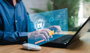 Cybersecurity privacy data protection concept and document management concept,Businessman use laptop secure encryption to access data and documents Safe storage of confidential data of company system