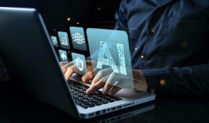 Men who use websites or AI software technology to help and support tasks for chatbots, AI chat, visualization, coding, and data analysis using technology. AI intelligent robot.
