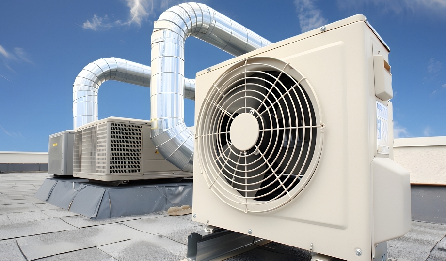 a commercial air conditioning on the roof with blue sky as background