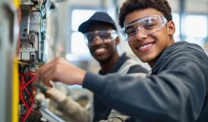 Two trade school students smiling while working on an electrical wiring project