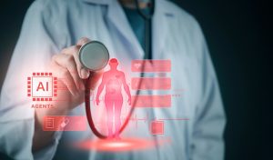 Doctor using a stethoscope beside an AI health monitoring data overlay
