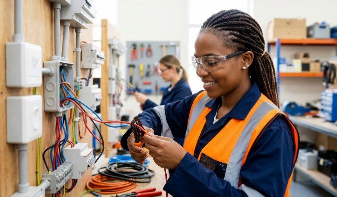 Trade school graduate speaking professionally in a job interview